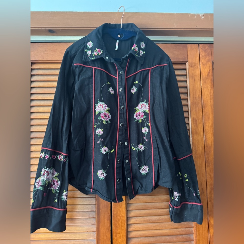 Free People Black Floral Embroidered Top